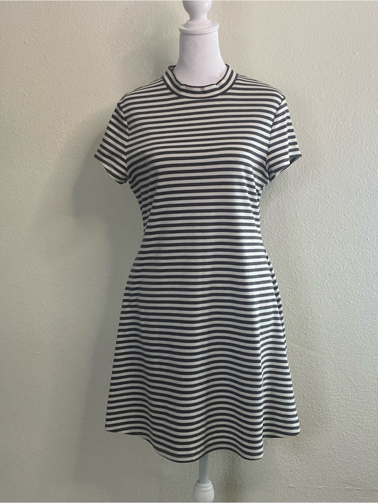 Free People Dresses & Skirts - Free People FP Beach A-Line Dress M Mock Neck White Gray Striped Coastal Preppy